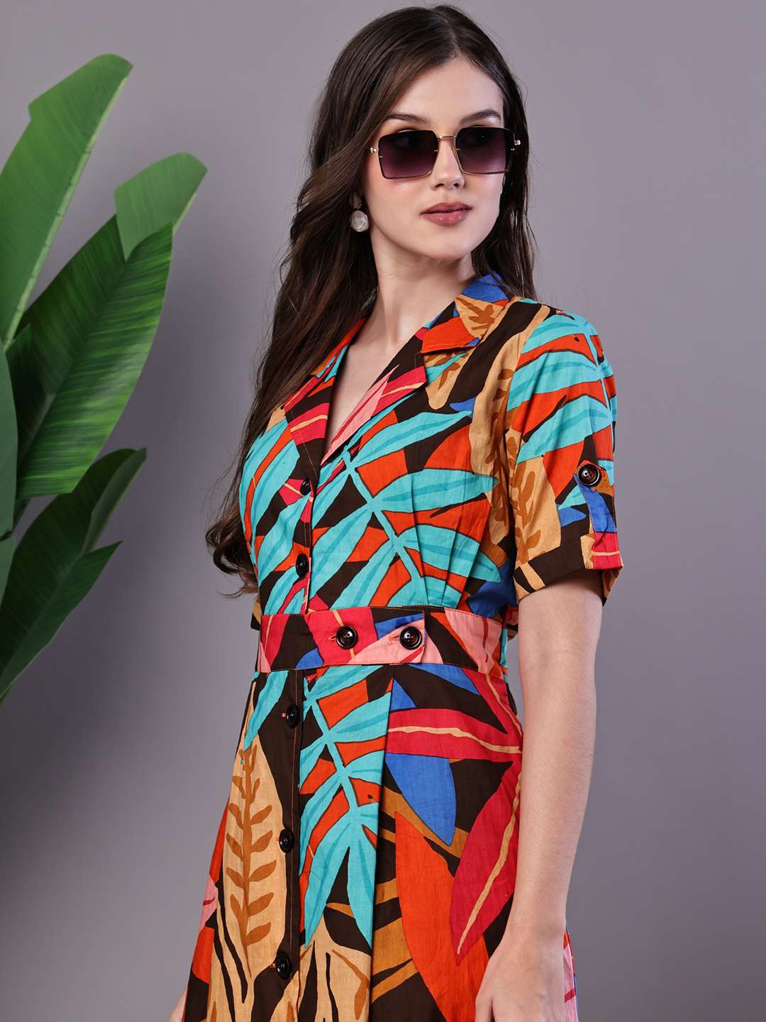 Women's Leaf Print Button-Down Cotton Midi Dress - Image 4
