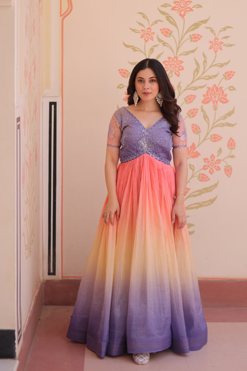 Women's Dual-Tone Ombre Gown in Candy Pink & Aqua Green with Embroidered Bodice – Festive & Contemporary Wear - Image 8